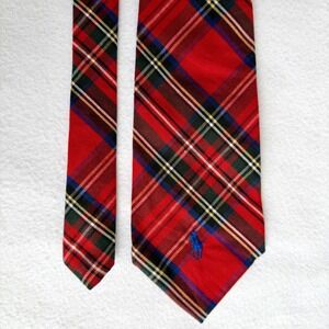 Polo Ralph Lauren Tie Red Tartan Plaid 100% Cotton Neck Tie Hand Made USA VTG